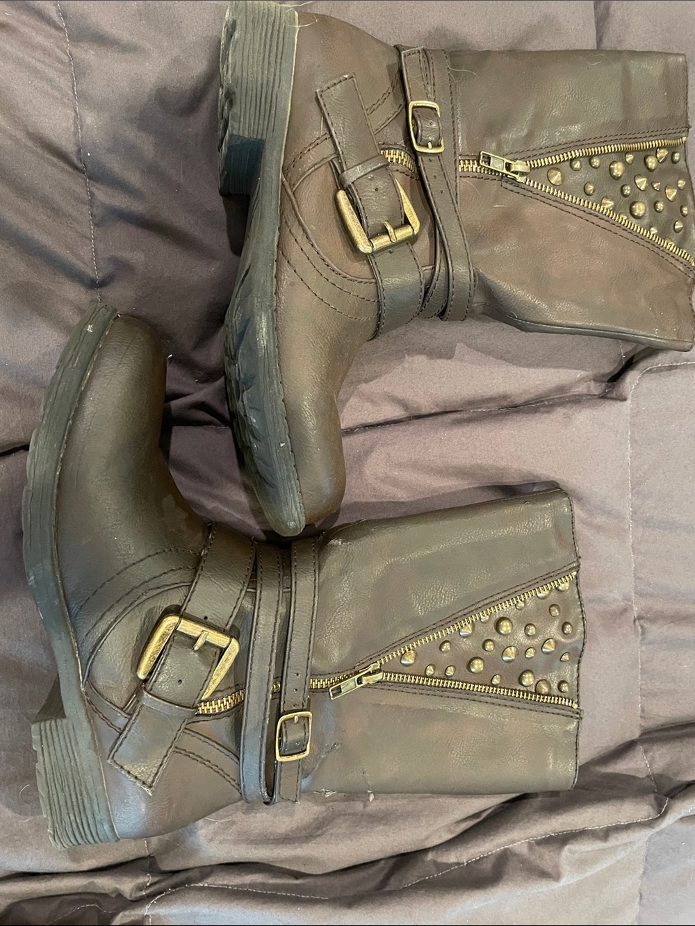 Studded Mid-Calf Combat Boots in Dark Brown